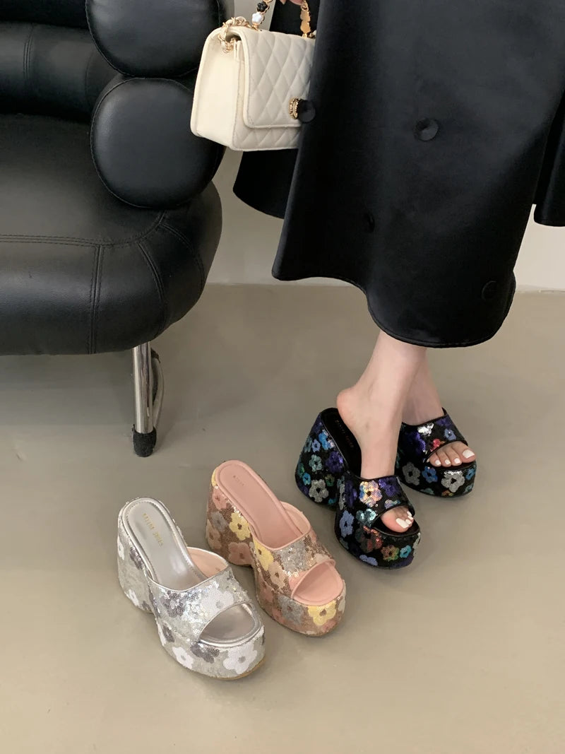 13cm Black Wedge Sandals Women Pink Flower Print Platform High Heels Slippers Summer Ladies Shoes Silver 13CM Heeled Sandals