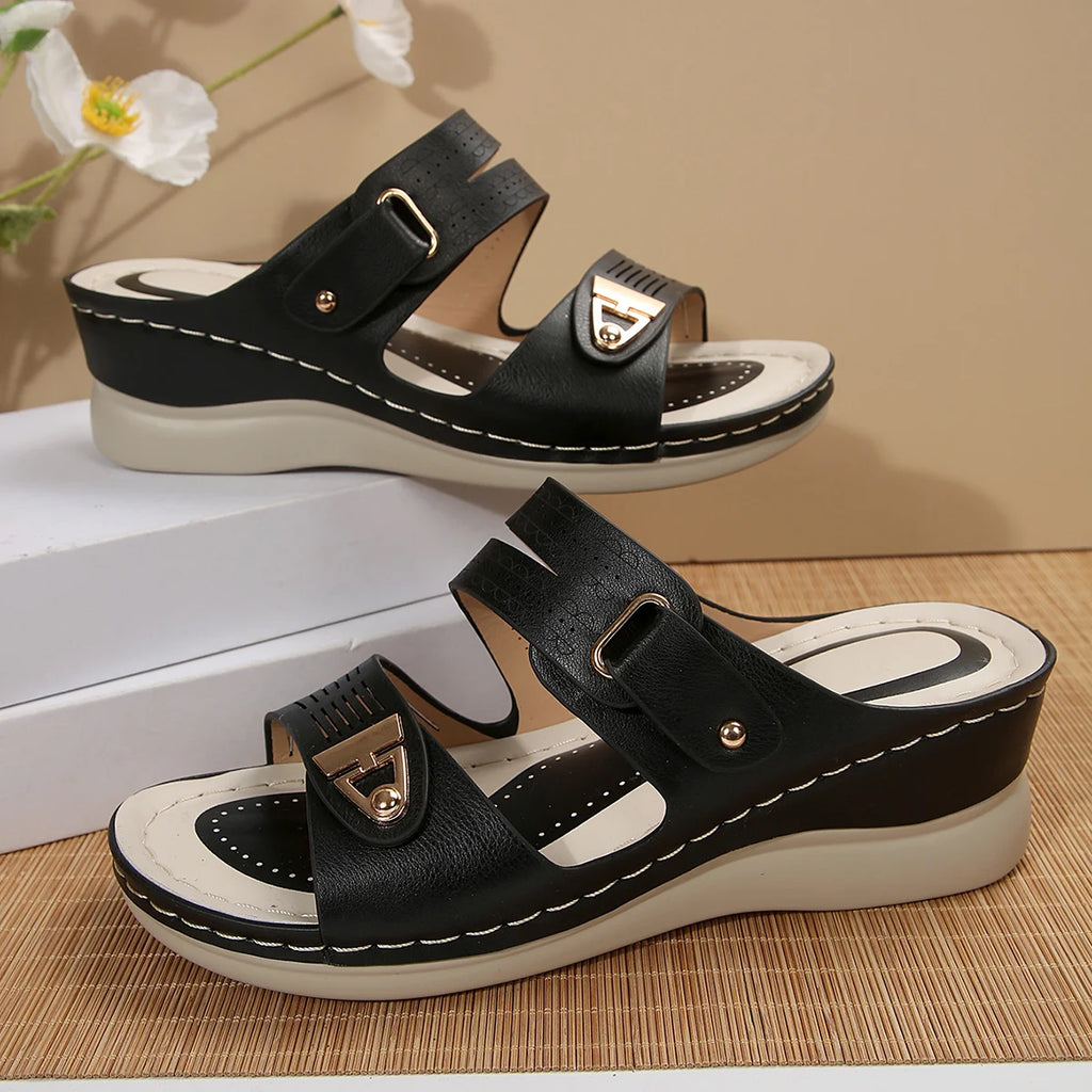 Women's Wedge Sandals Perforated Design with Metal Buckle Accent Comfort Cushioned Insole Non-Slip Sole Summer Casual Daily Wear
