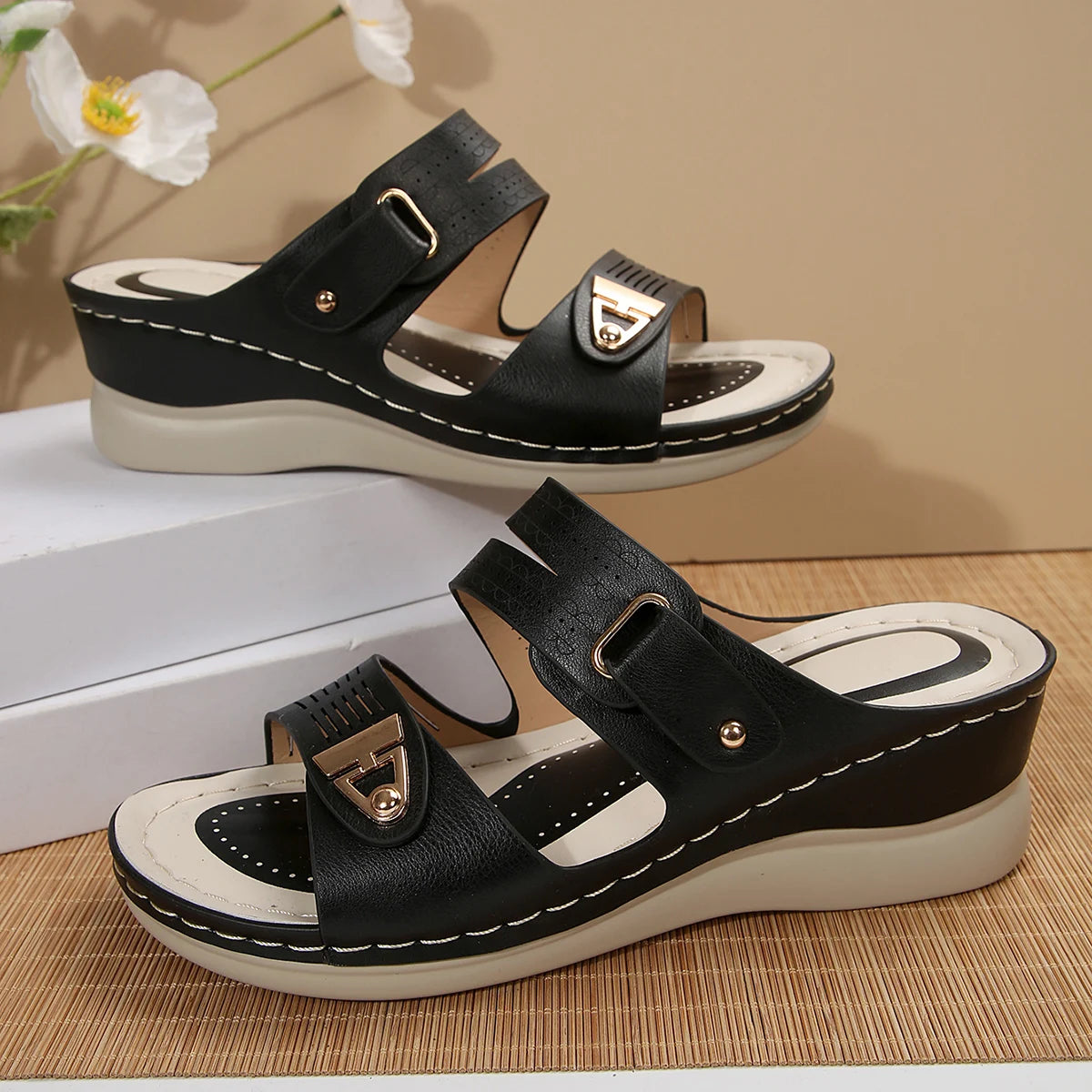 Women's Wedge Sandals Perforated Design with Metal Buckle Accent Comfort Cushioned Insole Non-Slip Sole Summer Casual Daily Wear