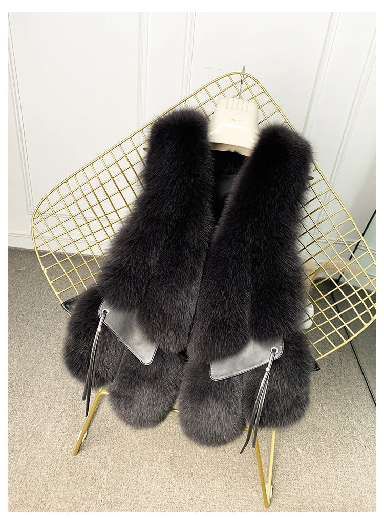 MPPM  New Women Fox Fur Vest Fashion Winter Genuine Fox Waistcoats Gilets V-neck Autumn Lady's Jackets Coats Top Quality Luxury