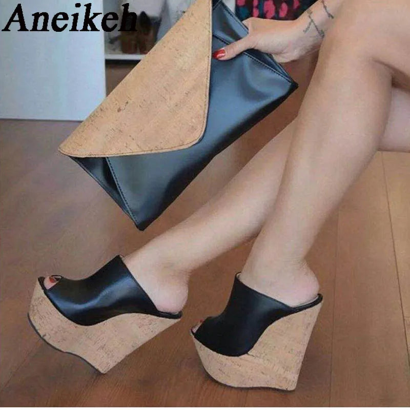 Aneikeh Black Platform Wedge Sandals Slippers 2025 Summer Fashion Peep Toe Super High Heigh Sexy Sandal Mules zapatillas mujer