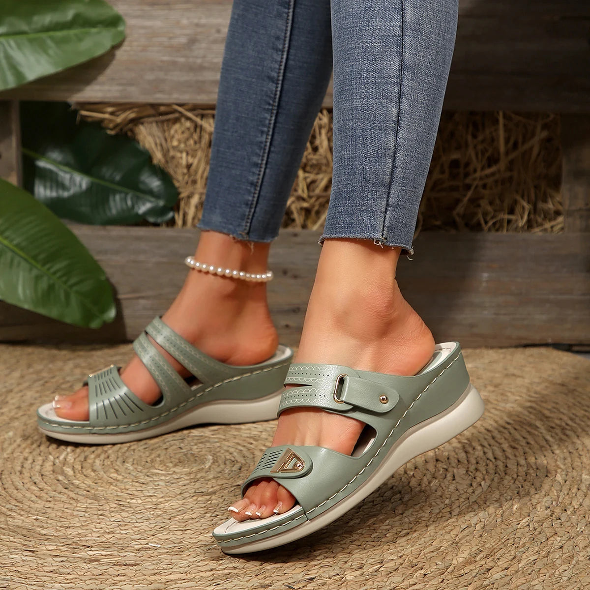 Women's Wedge Sandals Perforated Design with Metal Buckle Accent Comfort Cushioned Insole Non-Slip Sole Summer Casual Daily Wear