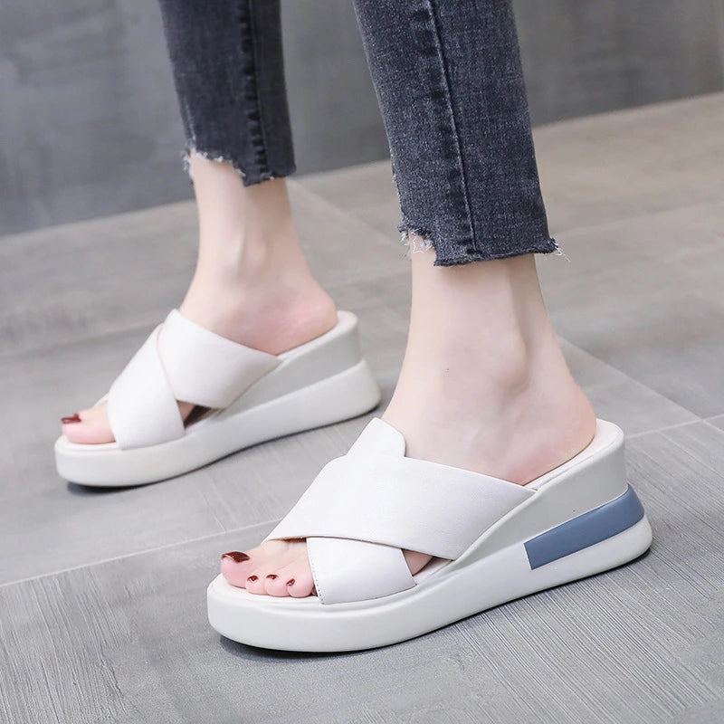 Summer Wedge Shoes for Women Sandals Solid Color Open Toe High Heels Casual Ladies Buckle Strap Fashion Female Sandalias Mujer