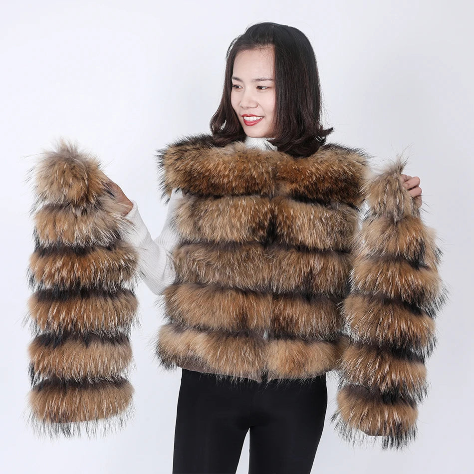 Winter Real Fur Women Raccoon Natural Fur Coat Silver Fox Long Vest Warm Luxury Jacket Parkas With Leather Fur Clothe For Female