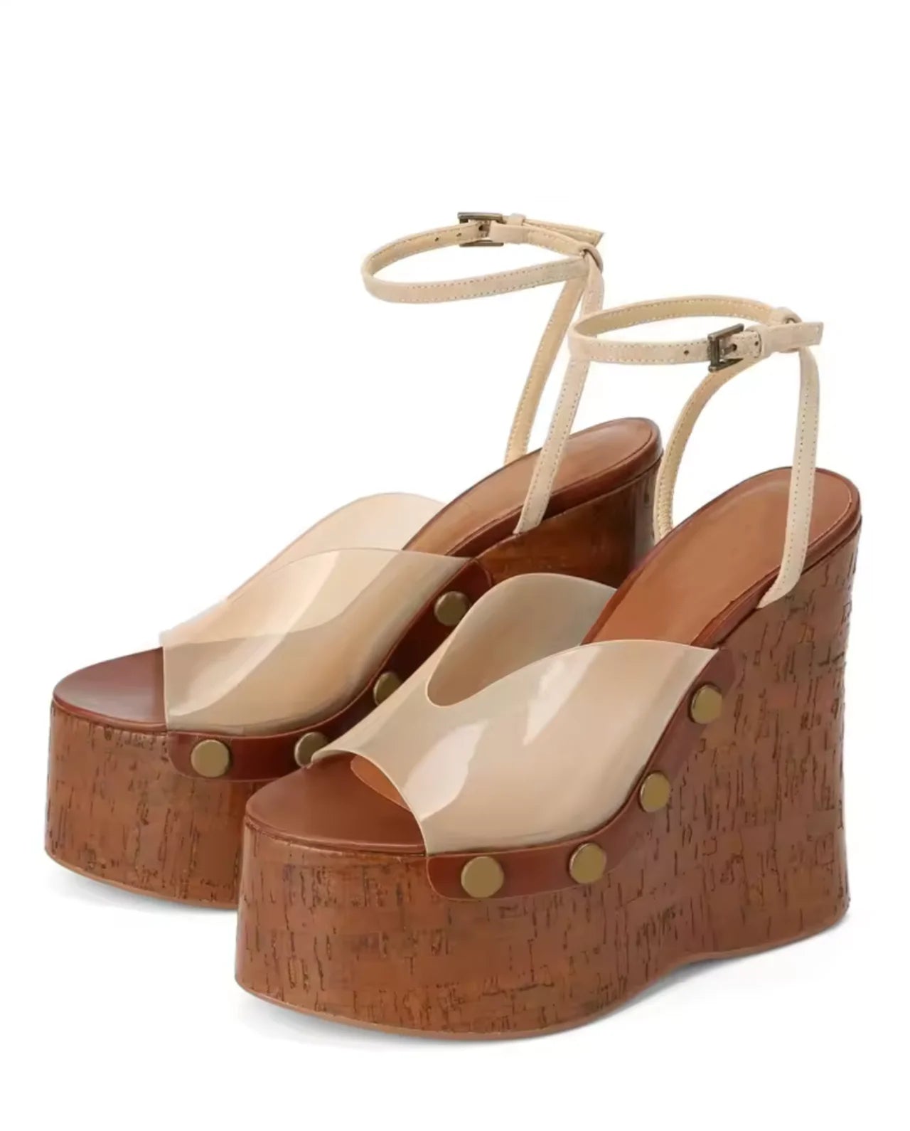Ladies' Summer Wedge Heel Thick Soled Sandals with Wood Grain Rivets, Waterproof Platform, Thick High Heels, and Sandals