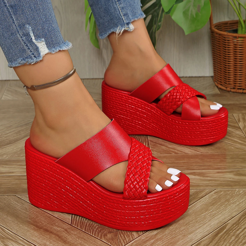 Summer Women's Slippers Wedge Heels High Female Fish Mouth Shoes Thick Bottom Outdoors Sweet Bow Suede Girls Schoolgirl Slides
