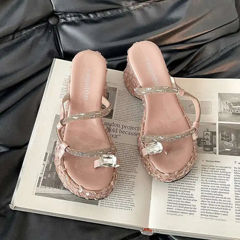 Women's Wedge Sandals Thick-soled Flip-flops Shiny Sequined Ladeis High Heels Rhinestone Home Outdoors Slippers