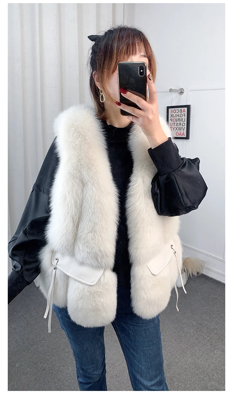 MPPM  New Women Fox Fur Vest Fashion Winter Genuine Fox Waistcoats Gilets V-neck Autumn Lady's Jackets Coats Top Quality Luxury