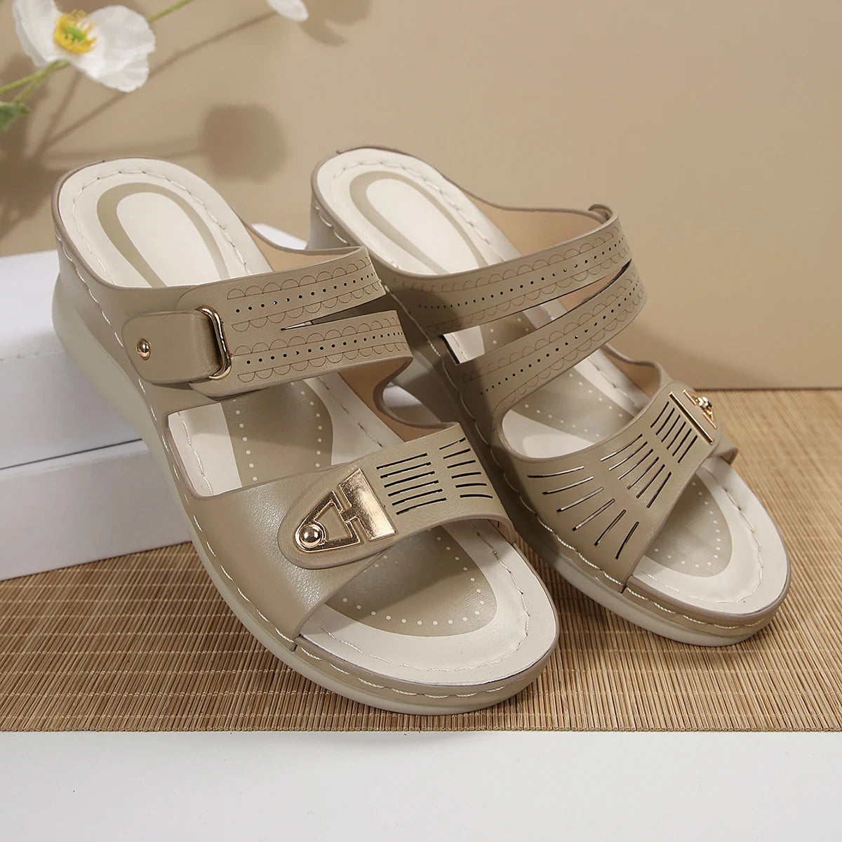 Women's Wedge Sandals Perforated Design with Metal Buckle Accent Comfort Cushioned Insole Non-Slip Sole Summer Casual Daily Wear