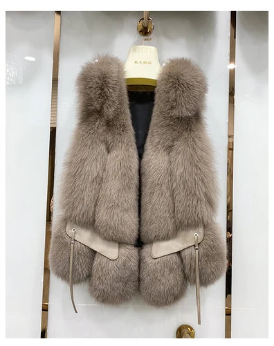 MPPM  New Women Fox Fur Vest Fashion Winter Genuine Fox Waistcoats Gilets V-neck Autumn Lady's Jackets Coats Top Quality Luxury