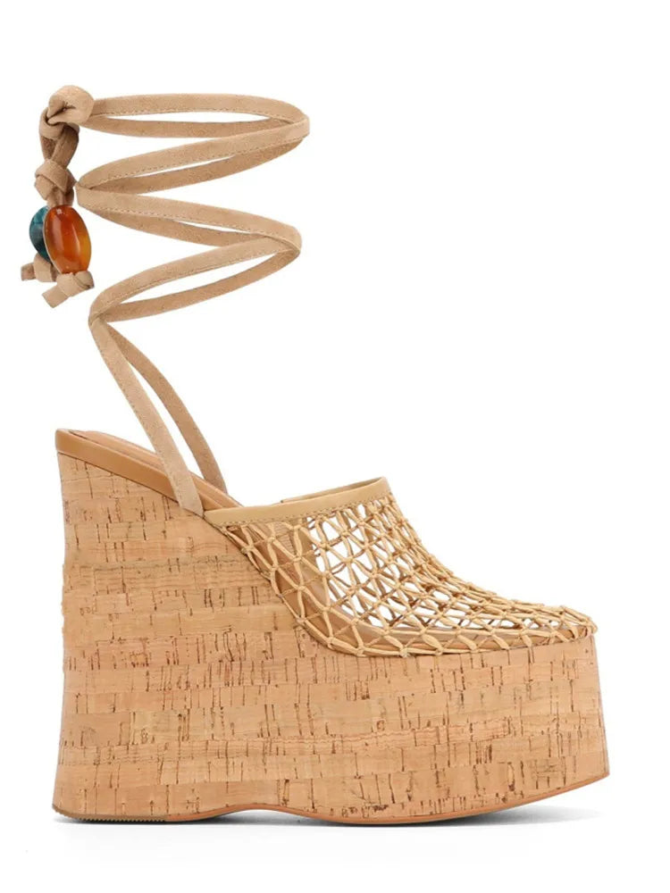 Ladies' Summer Wedge Heel Thick Soled Sandals with Wood Grain Rivets, Waterproof Platform, Thick High Heels, and Sandals