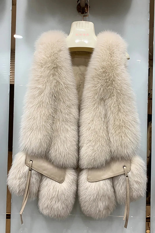 MPPM  New Women Fox Fur Vest Fashion Winter Genuine Fox Waistcoats Gilets V-neck Autumn Lady's Jackets Coats Top Quality Luxury