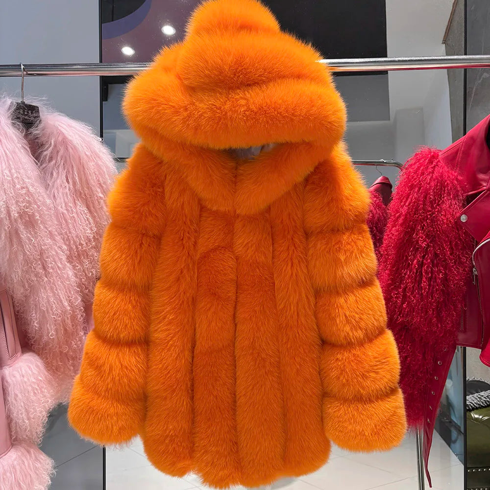 YOLOAgain Hooded Real Fox Fur Jacket Women 2025 Winter Warm Natural Fox Fur Coat Female