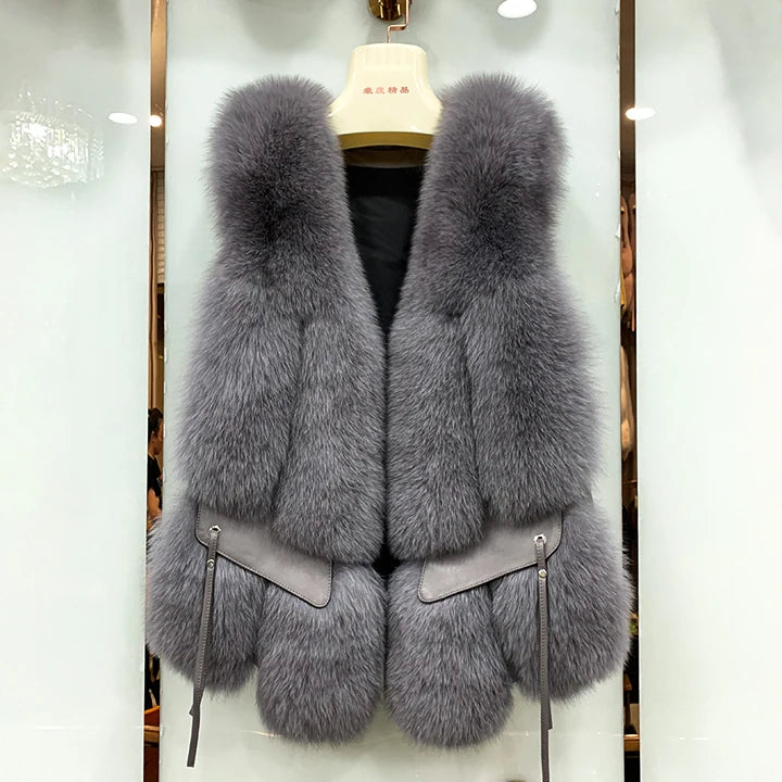 MPPM  New Women Fox Fur Vest Fashion Winter Genuine Fox Waistcoats Gilets V-neck Autumn Lady's Jackets Coats Top Quality Luxury