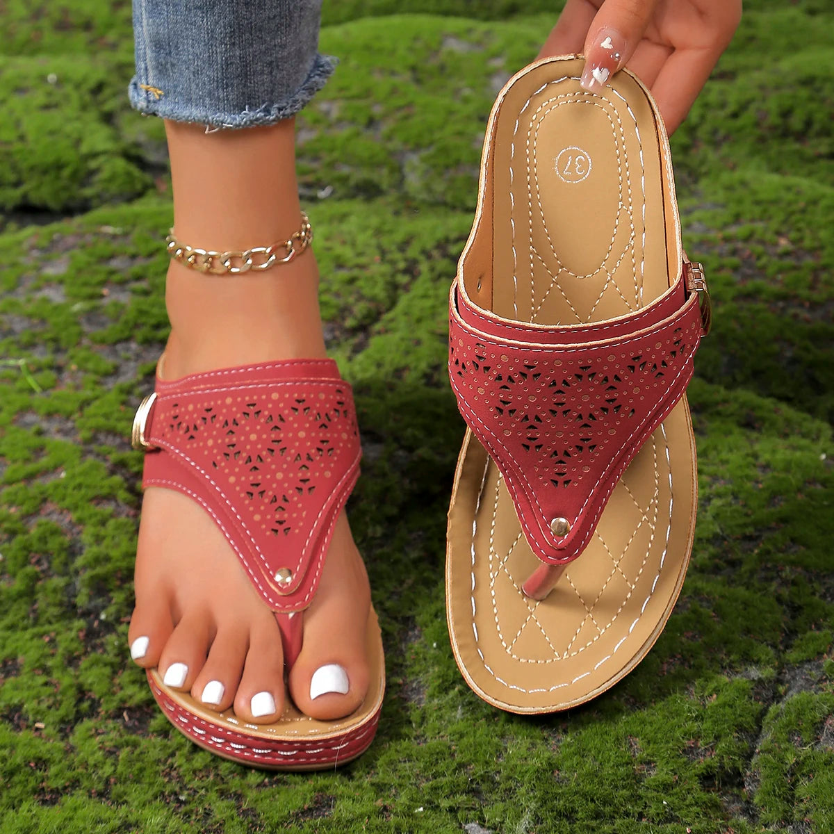 Woman Leather Non-Slip Soft Platform Shoes Flip Flops Summer Women's Wedge Sandal with Heel 2023 Orthopedic Sandals 43