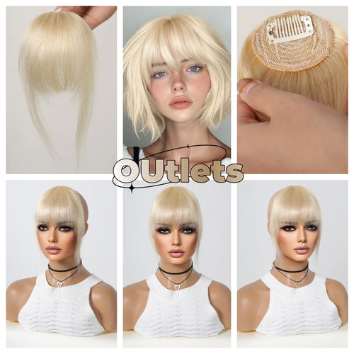 100% Human Hair Blonde Clip in Bangs Golden Platinum Blunt Cut Wispy Fringe with Sideburns for Women Natural Looking Hairpiece