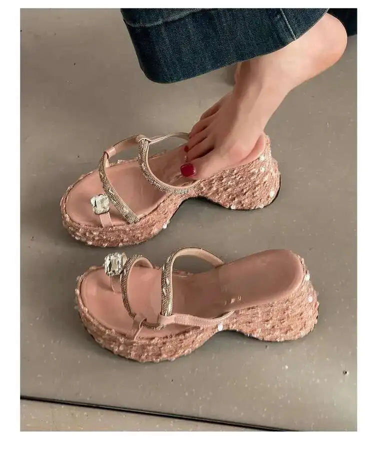 Women's Wedge Sandals Thick-soled Flip-flops Shiny Sequined Ladeis High Heels Rhinestone Home Outdoors Slippers