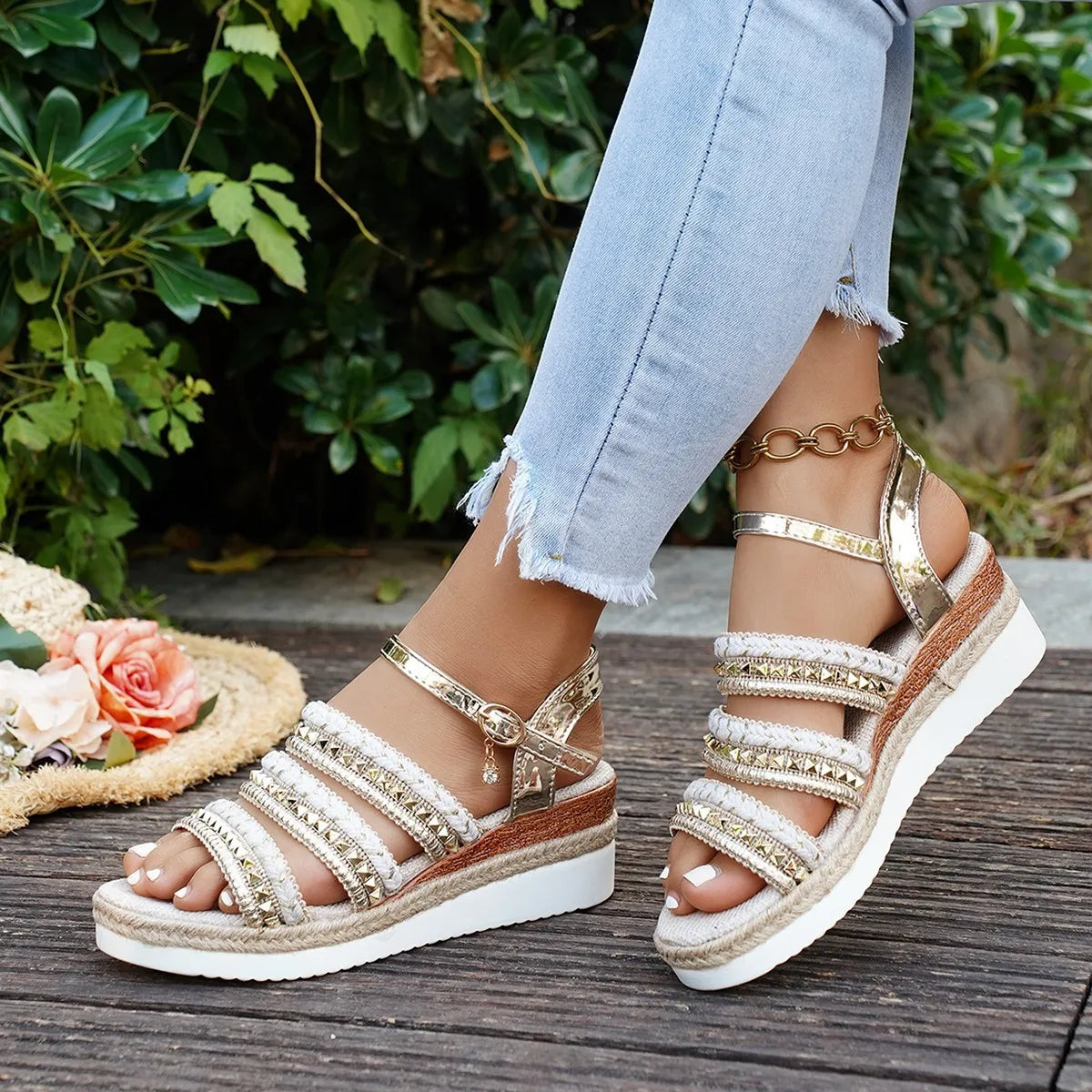 Women's Sandals Fashion Wedge Platform Sandals Luxury Golden Leather Sandals for Women Casual Beach Shoes Sandalias De Mujer