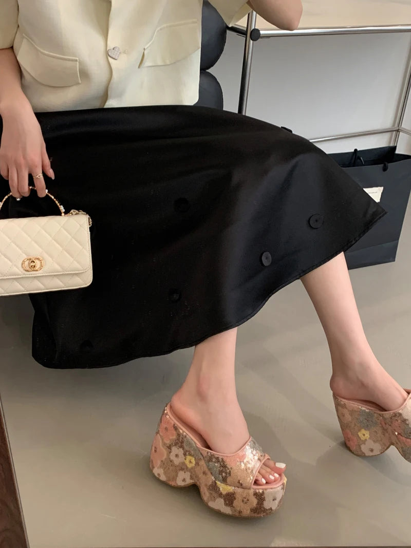 13cm Black Wedge Sandals Women Pink Flower Print Platform High Heels Slippers Summer Ladies Shoes Silver 13CM Heeled Sandals