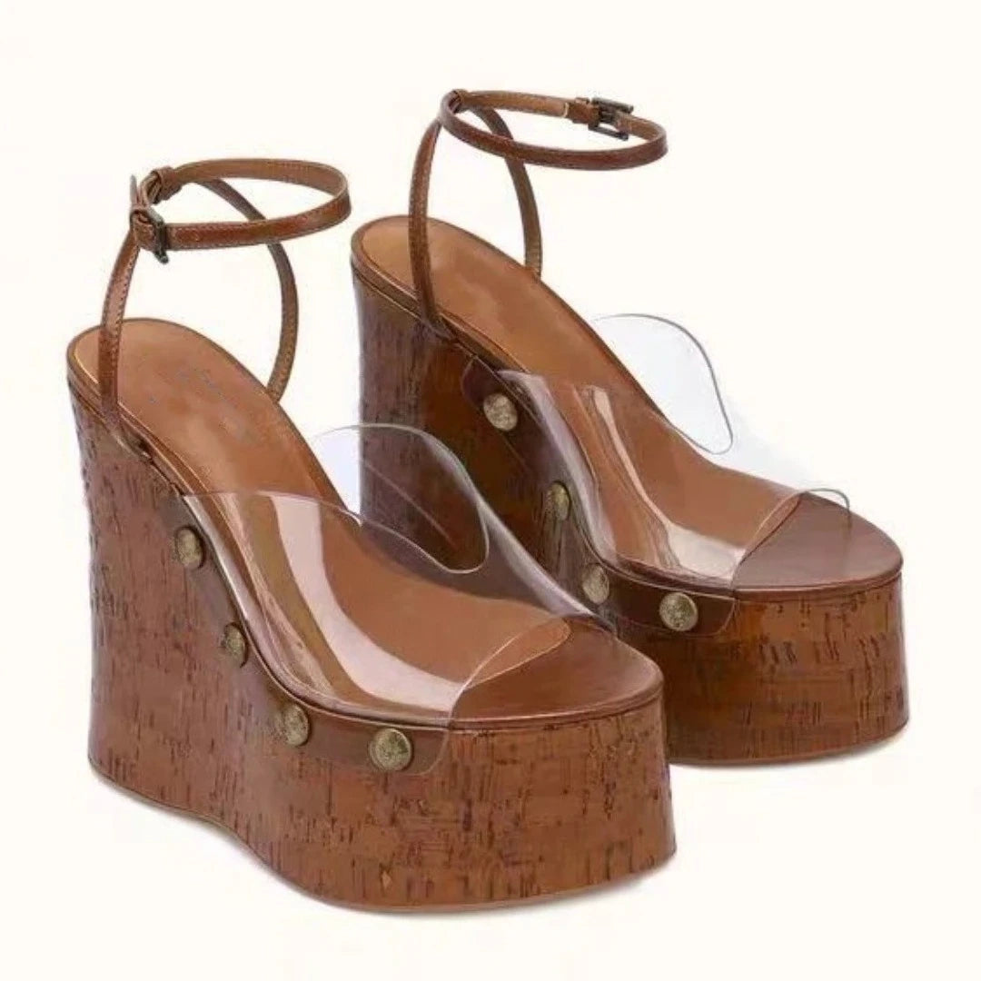 Highquality Wooden Patterned Wedge Heelwith Thicksole Andexposed Toebuckle Strap Sandals Forwomen's Banquets InEurope AndAmerica