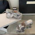 13cm Black Wedge Sandals Women Pink Flower Print Platform High Heels Slippers Summer Ladies Shoes Silver 13CM Heeled Sandals