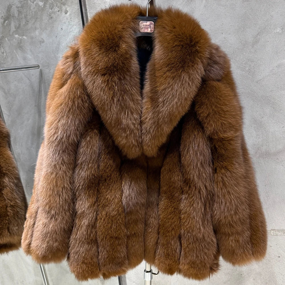Red Fox Fur Coat Long Sleeve with Collar Ladies Real Fur Jacket Natural Fox Cloth