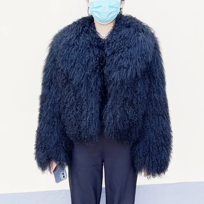 Beiziru Women's Dark Brown Mongolia Sheep Fur Jacket with Turndown Collar Stylish Warm Outerwear