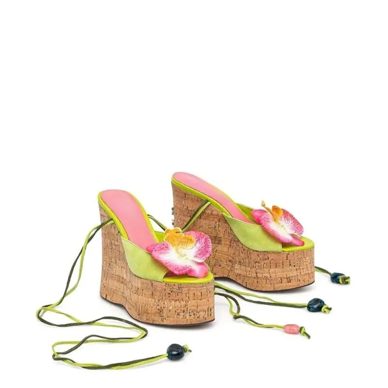 Highquality Wooden Patterned Wedge Heelwith Thicksole Andexposed Toebuckle Strap Sandals Forwomen's Banquets InEurope AndAmerica