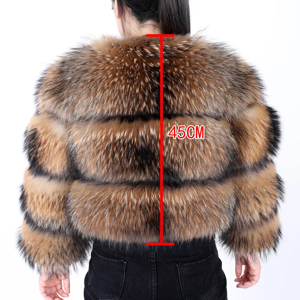 Winter Real Fur Women Raccoon Natural Fur Coat Silver Fox Long Vest Warm Luxury Jacket Parkas With Leather Fur Clothe For Female