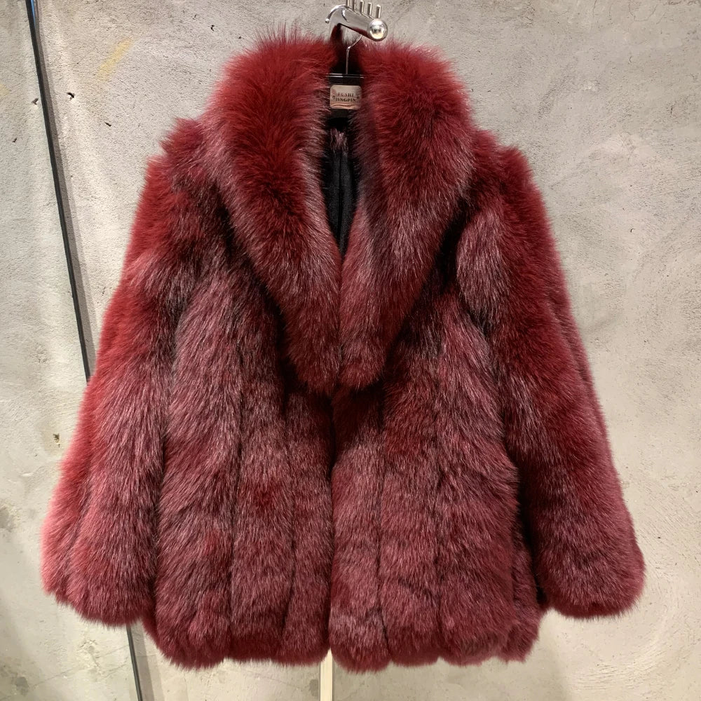 Red Fox Fur Coat Long Sleeve with Collar Ladies Real Fur Jacket Natural Fox Cloth