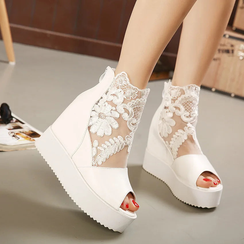 Fashion Woman Lace Shoes Wedge Heels Platform Pumps Sandals High Heel Women's Hollow-out Summer Non-slip Casual Designer Sandals
