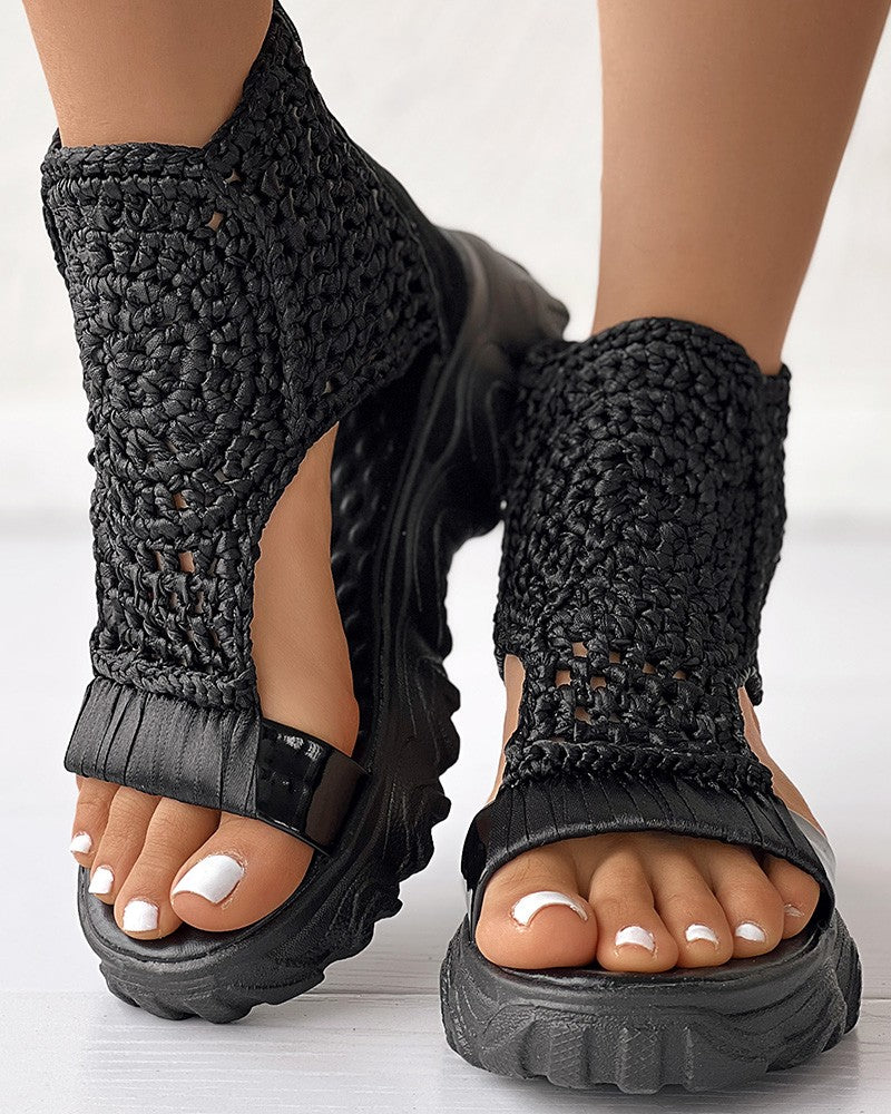 Sandals Women Braided Geometric Wedge  Knitted Elastic Summer Shoes Mesh Flat  Hollow Female Platform