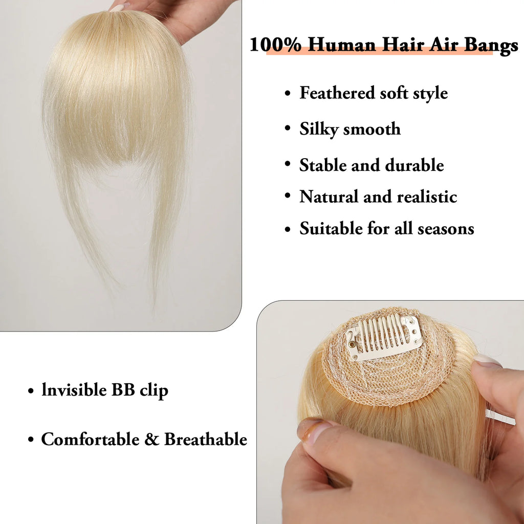 100% Human Hair Blonde Clip in Bangs Golden Platinum Blunt Cut Wispy Fringe with Sideburns for Women Natural Looking Hairpiece