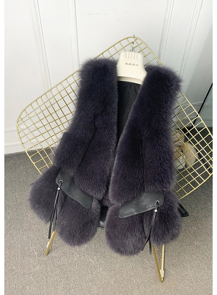 MPPM  New Women Fox Fur Vest Fashion Winter Genuine Fox Waistcoats Gilets V-neck Autumn Lady's Jackets Coats Top Quality Luxury