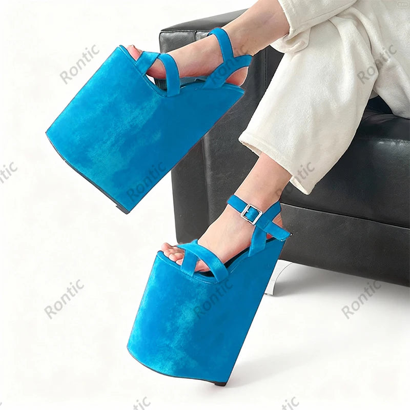 Rontic Artisan Crafted Red Leather Wedge Sandals - Women's High Heel Platform Ankle Strap Peep Toe Shoes US Plus Size 5-15