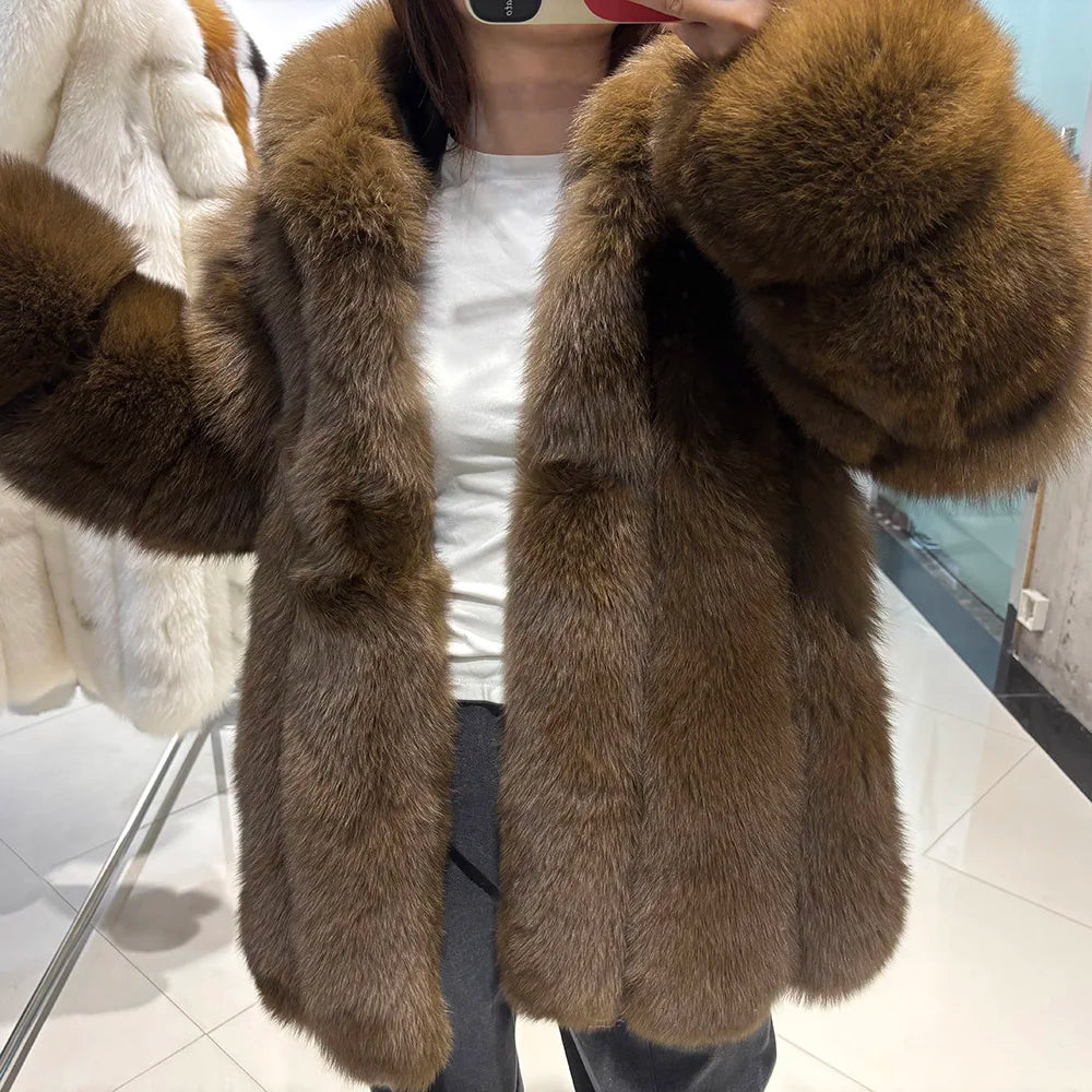 YOLOAgain Hooded Real Fox Fur Jacket Women 2025 Winter Warm Natural Fox Fur Coat Female