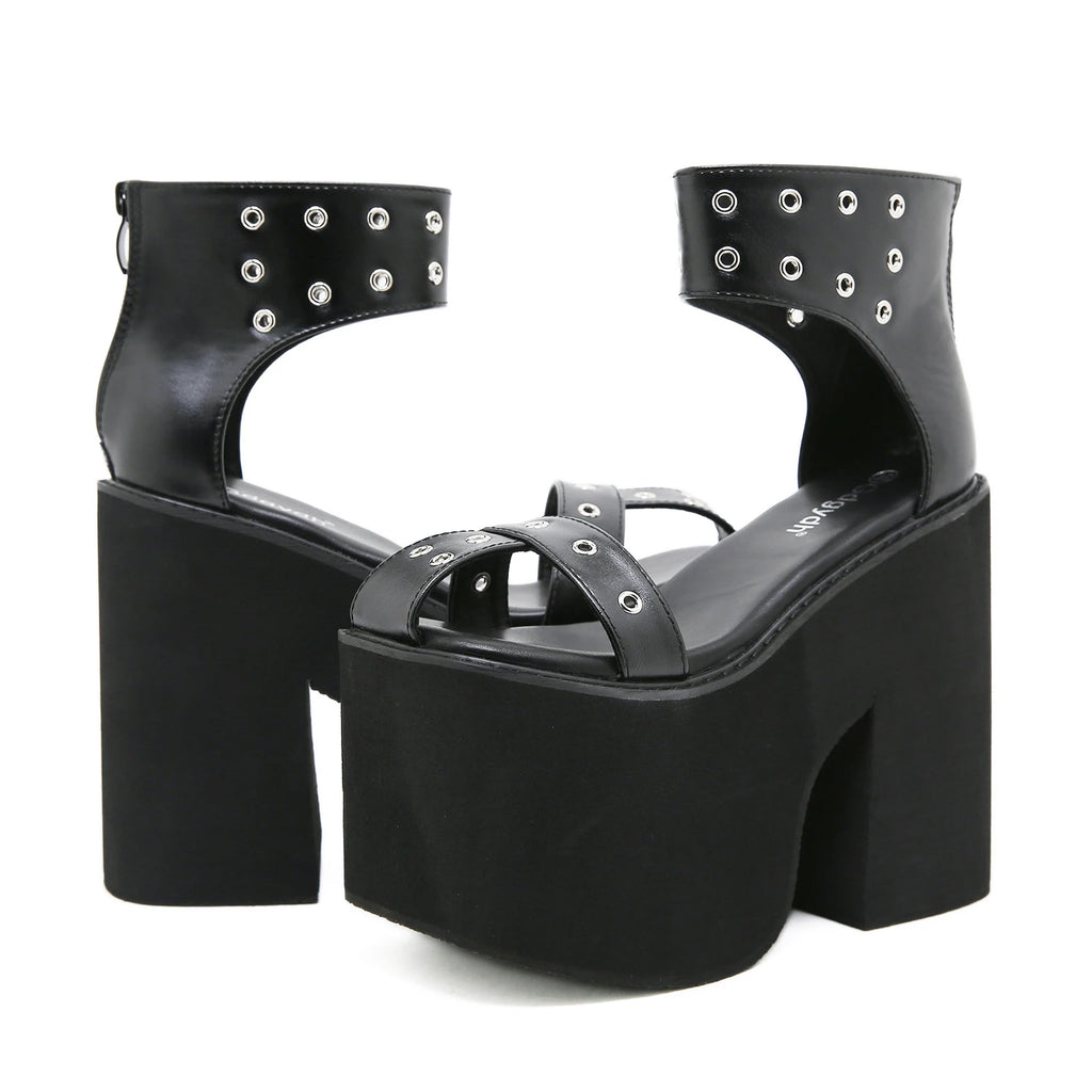 Gdgydh Summer Wide Fit Heeled Sandals Women Metal Rivet Punk Wedge Heels Platform Sandals Ankle Strap Ladies Cosplay Shoes