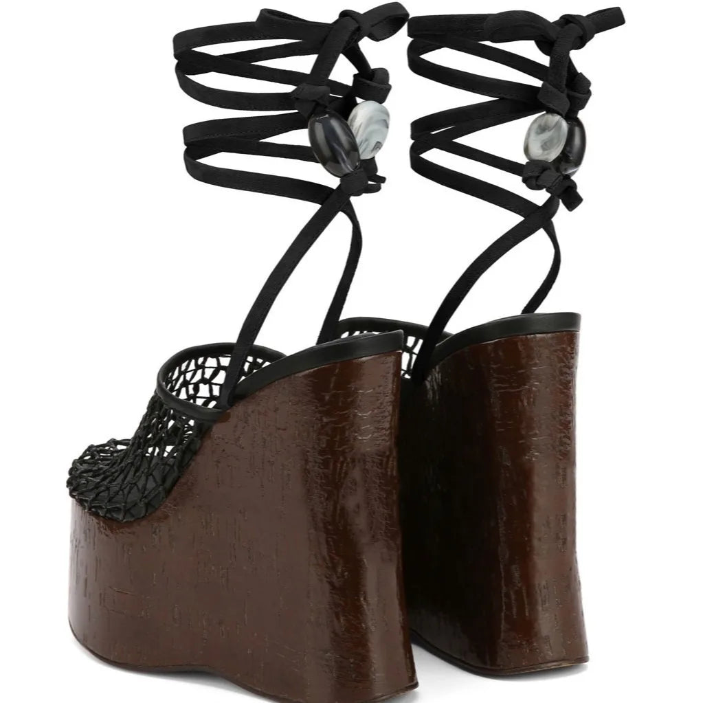 Highquality Wooden Patterned Wedge Heelwith Thicksole Andexposed Toebuckle Strap Sandals Forwomen's Banquets InEurope AndAmerica