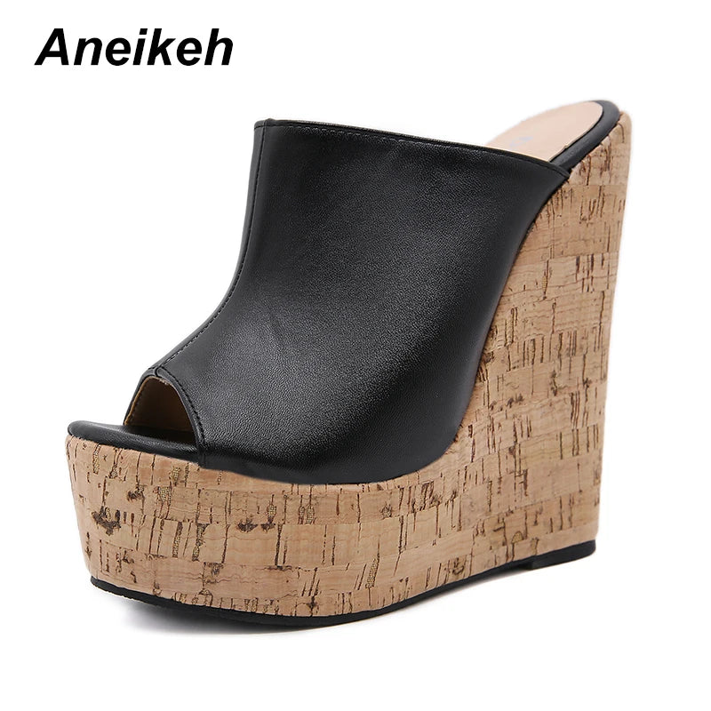 Aneikeh Black Platform Wedge Sandals Slippers 2025 Summer Fashion Peep Toe Super High Heigh Sexy Sandal Mules zapatillas mujer