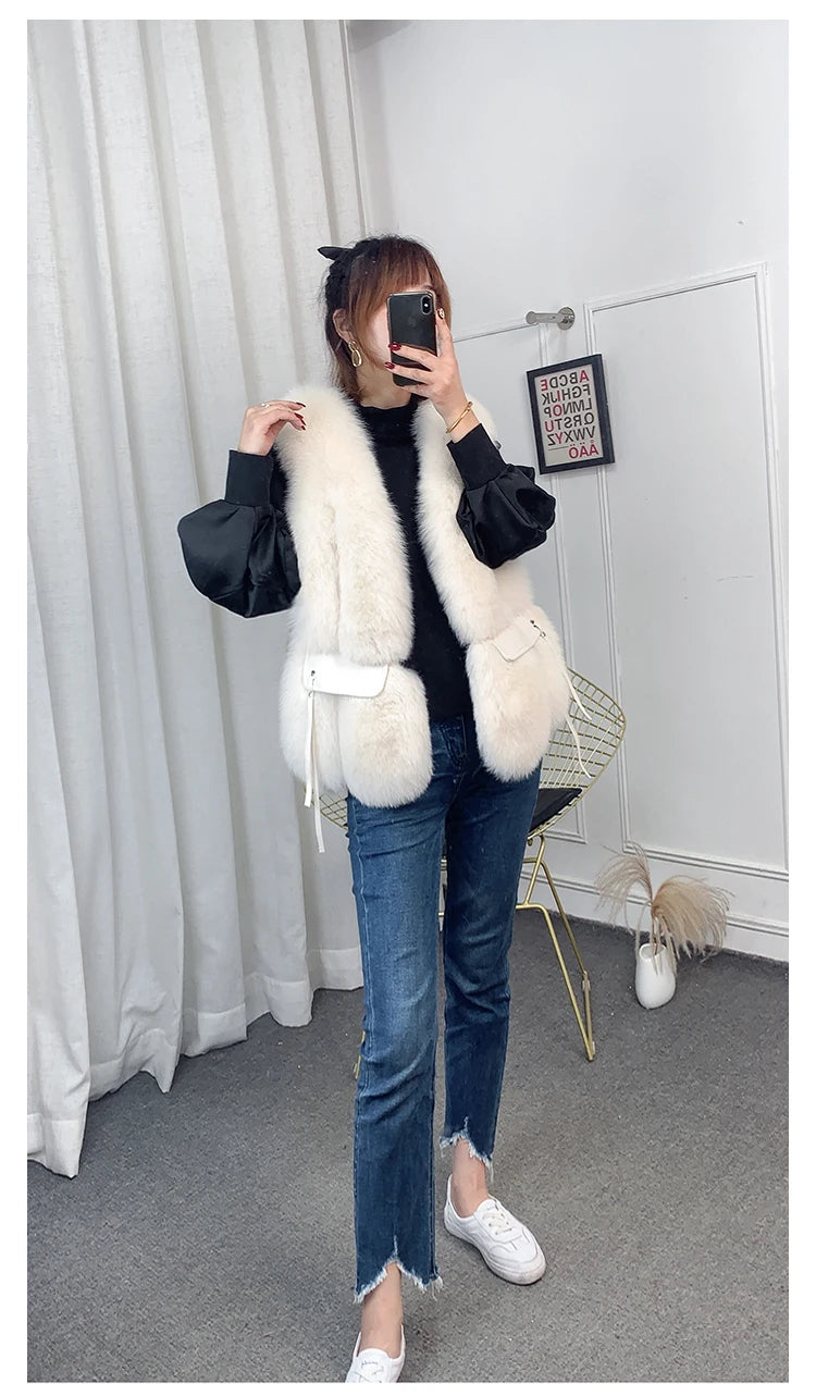 MPPM  New Women Fox Fur Vest Fashion Winter Genuine Fox Waistcoats Gilets V-neck Autumn Lady's Jackets Coats Top Quality Luxury