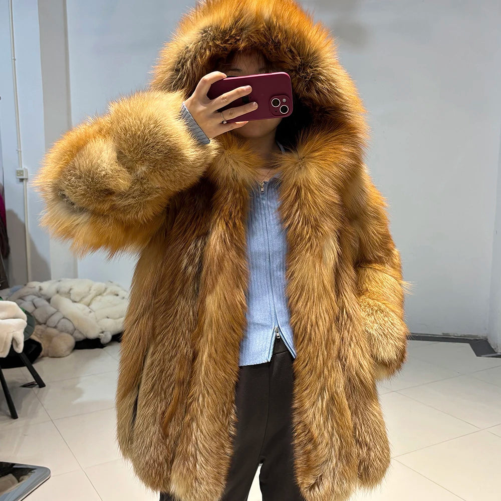YOLOAgain Hooded Real Fox Fur Jacket Women 2025 Winter Warm Natural Fox Fur Coat Female