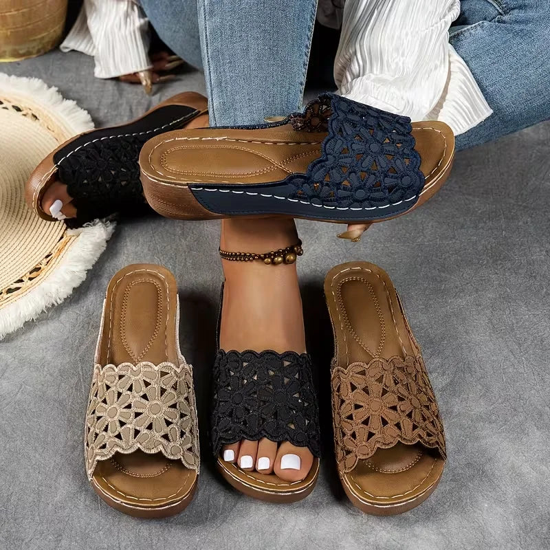 New Wedge Sandals Women Slippers Summer Platforms Shoes Floral Heel Slippers Comfortable Round Toe Slip-On Sandals Slides Women
