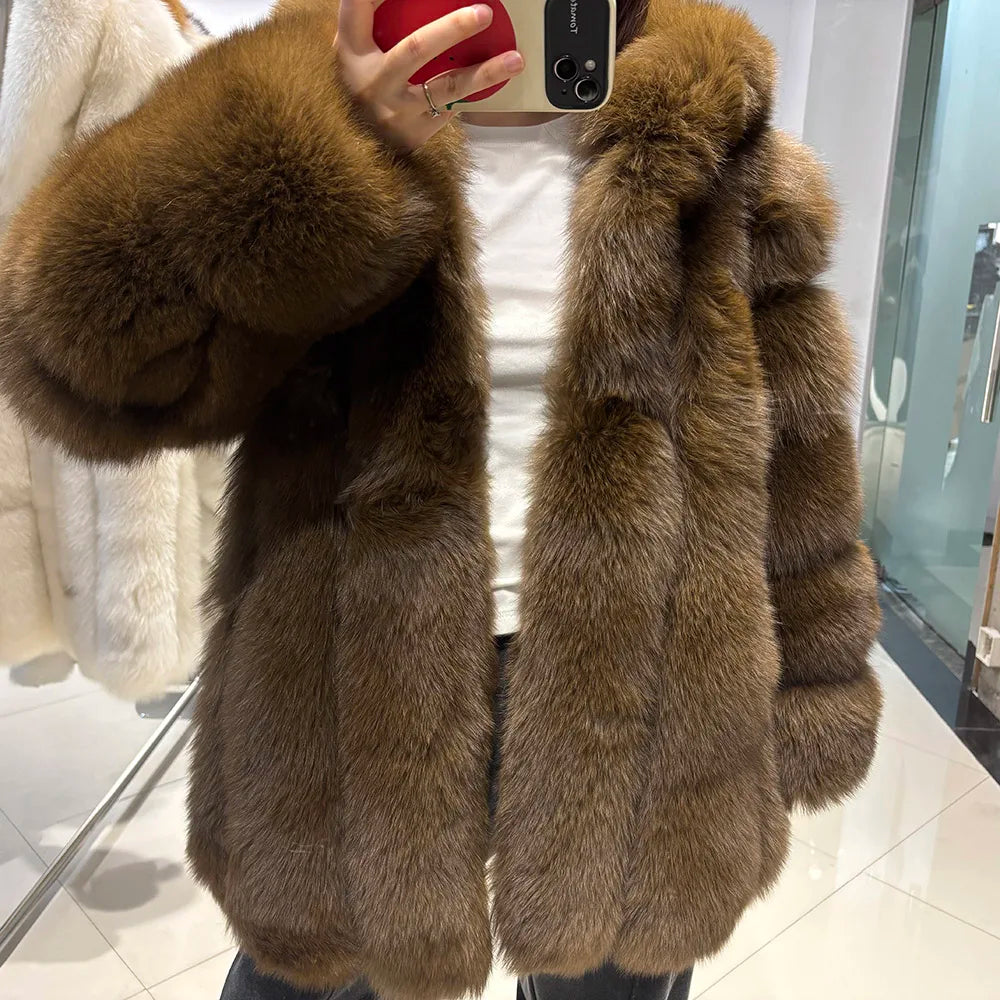 YOLOAgain Hooded Real Fox Fur Jacket Women 2025 Winter Warm Natural Fox Fur Coat Female
