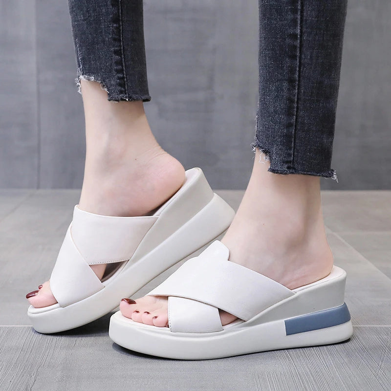 Summer Wedge Shoes for Women Sandals Solid Color Open Toe High Heels Casual Ladies Buckle Strap Fashion Female Sandalias Mujer