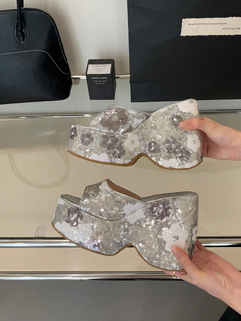 13cm Black Wedge Sandals Women Pink Flower Print Platform High Heels Slippers Summer Ladies Shoes Silver 13CM Heeled Sandals
