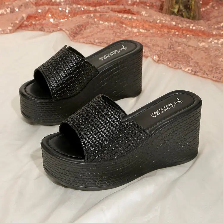 Hot Sale 9cm Wedge Heel Slippers for Women 2026 New Gold Black Woven Platform Slides Non-Slip Casual Beach Sandals Size 35-43