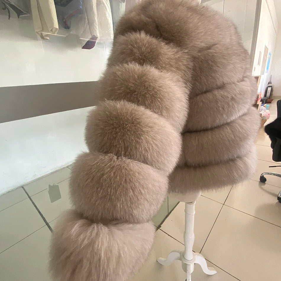 Winter Real Fur Women Raccoon Natural Fur Coat Silver Fox Long Vest Warm Luxury Jacket Parkas With Leather Fur Clothe For Female