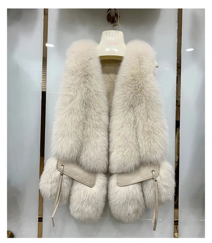 MPPM  New Women Fox Fur Vest Fashion Winter Genuine Fox Waistcoats Gilets V-neck Autumn Lady's Jackets Coats Top Quality Luxury