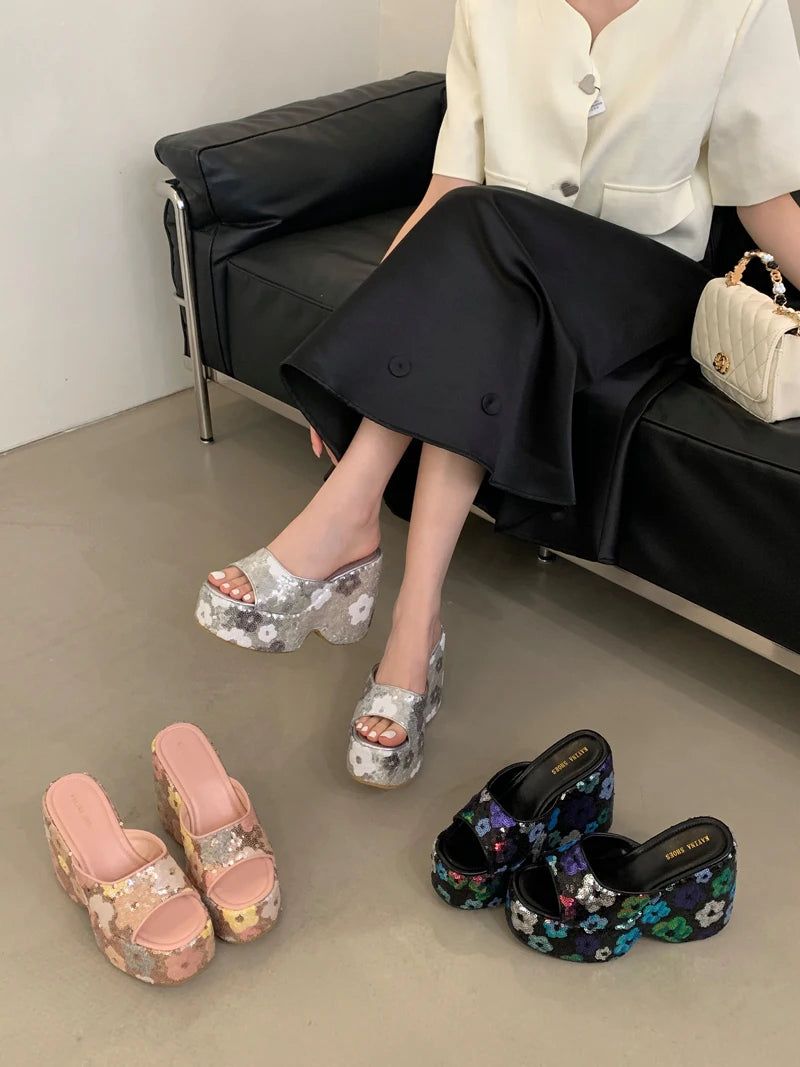 13cm Black Wedge Sandals Women Pink Flower Print Platform High Heels Slippers Summer Ladies Shoes Silver 13CM Heeled Sandals