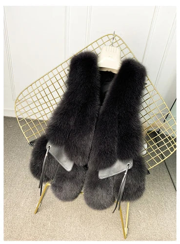 MPPM  New Women Fox Fur Vest Fashion Winter Genuine Fox Waistcoats Gilets V-neck Autumn Lady's Jackets Coats Top Quality Luxury